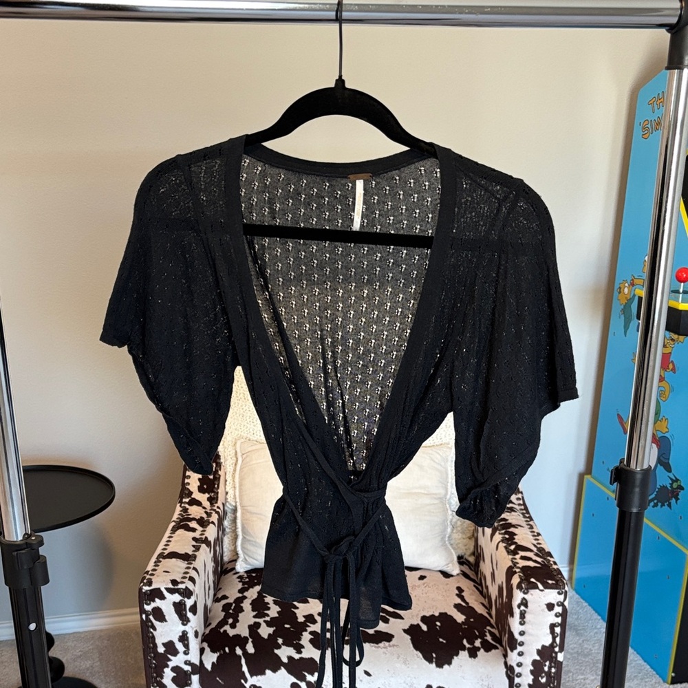 Free People Black Sheer Knit Ballet Wrap Top